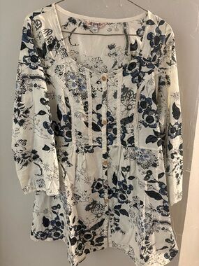Joe Browns White Top with Black and Blue Floral Print